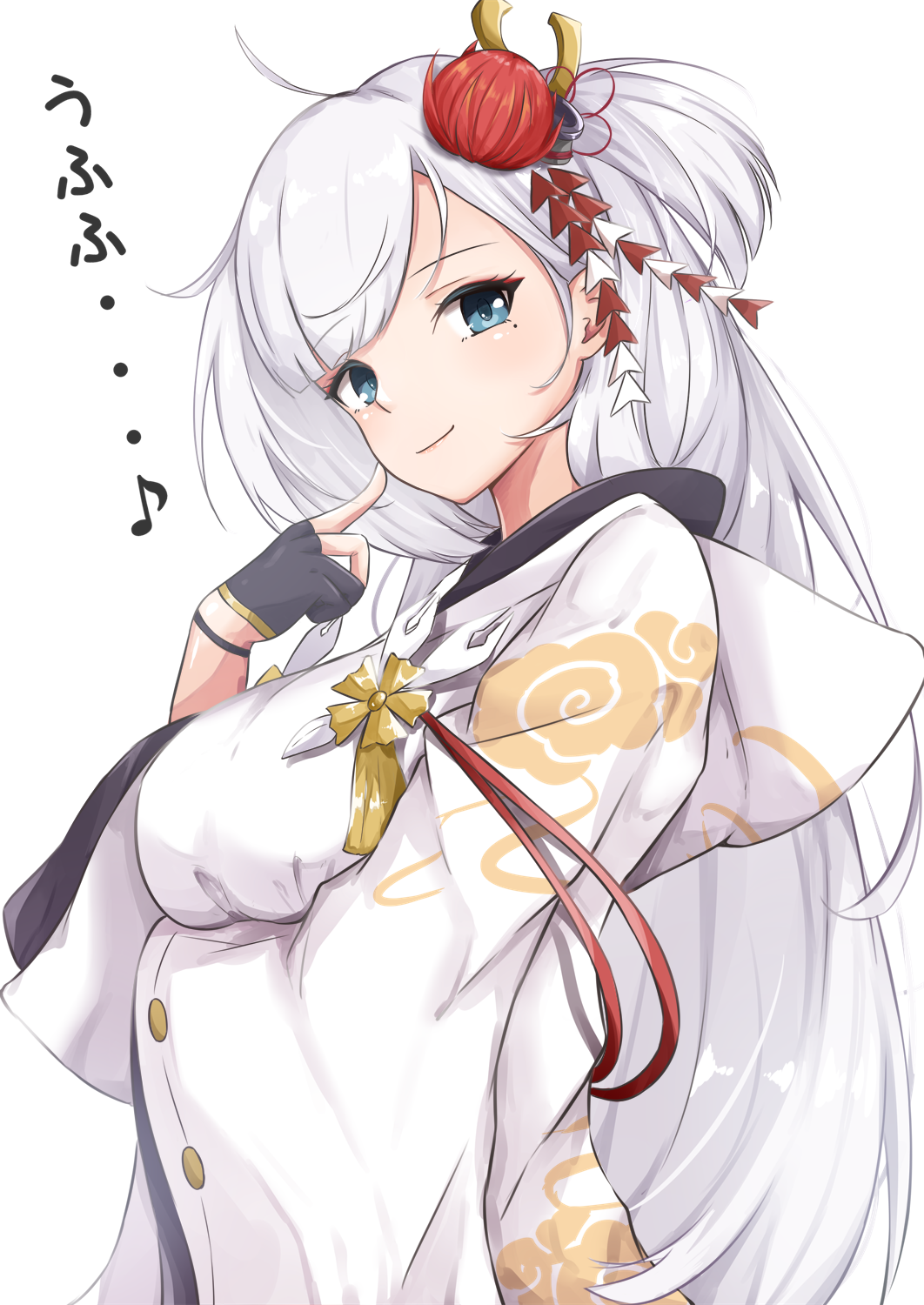 ahoge azur_lane bangs black_gloves blue_eyes breasts cloud_print commentary_request crossed_arms eyebrows eyeliner finger_to_cheek flower gloves hair_ornament hand_up highres hoshimiya_mashiro japanese_clothes kanzashi kimono large_breasts long_hair looking_at_viewer makeup mole mole_under_eye musical_note one_side_up parted_bangs partly_fingerless_gloves shoukaku_(azur_lane) simple_background smile solo spider_lily translated tsumami_kanzashi upper_body white_background white_hair wide_sleeves yugake