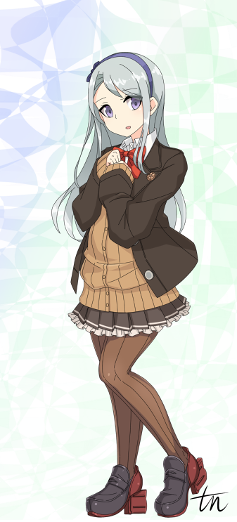 :d alternate_costume bangs blue_bow blue_hairband bow cosplay full_body grey_hair hairband hands_together kantai_collection kumano_(kantai_collection) kumano_(kantai_collection)_(cosplay) long_hair looking_at_viewer open_mouth pantyhose pleated_skirt purple_eyes remodel_(kantai_collection) sagiri_(kantai_collection) school_uniform signature skirt smile solo swept_bangs tun