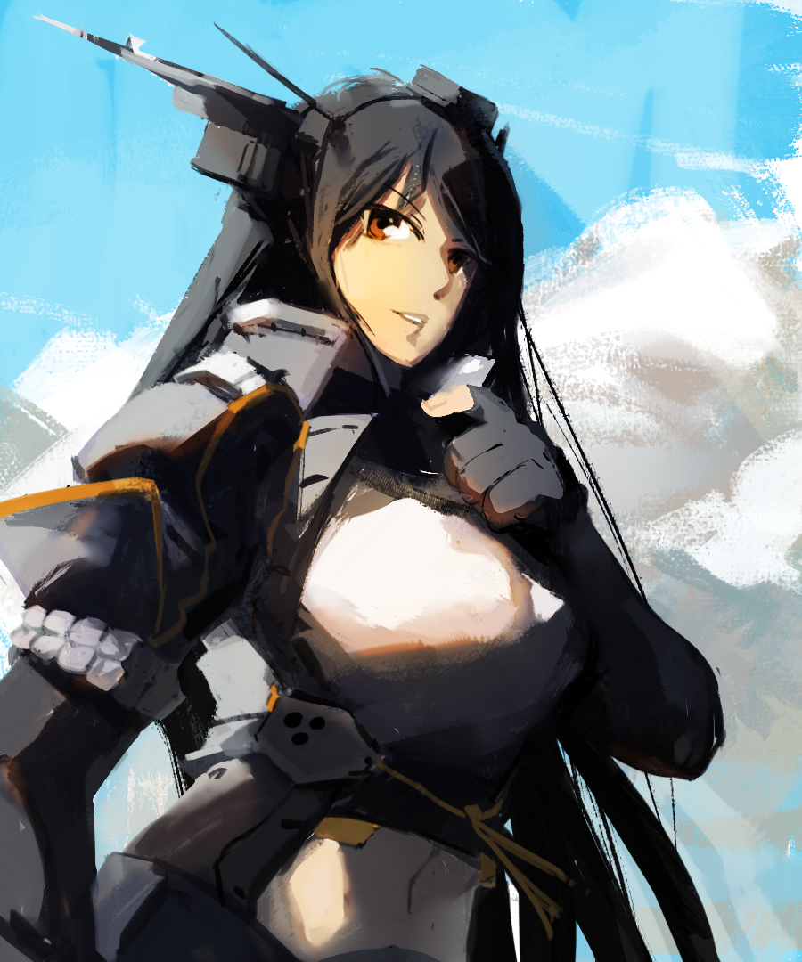 black_gloves black_hair blue_sky cloud coat commentary_request day dot_triangle elbow_gloves fingerless_gloves gloves headgear high_collar kantai_collection long_hair looking_at_viewer looking_to_the_side nagato_(kantai_collection) red_eyes remodel_(kantai_collection) sketch sky solo upper_body very_long_hair ye_fan