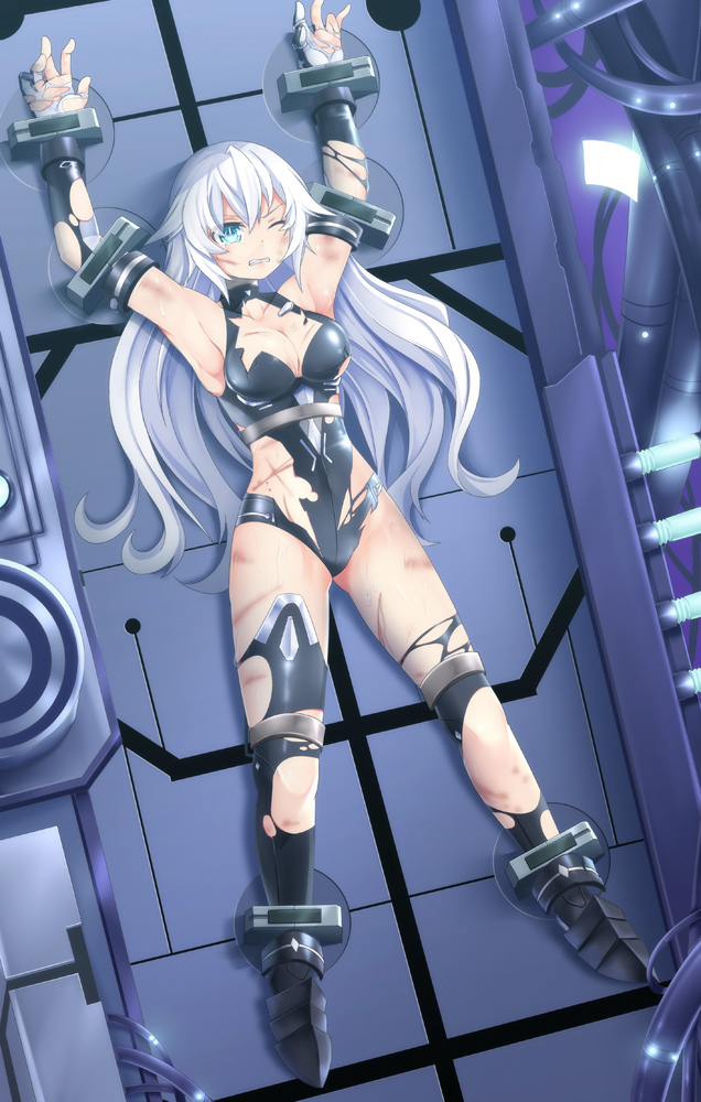 &gt;:( angry armor armored_boots armpits arms_up bangs bare_shoulders bdsm black_gloves black_heart black_legwear black_leotard blue_eyes bondage boots bound bound_ankles bound_arms bound_legs bound_torso bound_wrists bracer breasts bruise cable cleavage cleavage_cutout clenched_hands clenched_teeth collarbone covered_collarbone covered_navel dutch_angle elbow_gloves flipped_hair frown full_body furrowed_eyebrows gloves glowing halterneck hips indoors injury leotard long_hair looking_at_viewer magical_girl medium_breasts neptune_(series) one_eye_closed parted_bangs power_symbol restrained shadow shiny shiny_clothes skin_tight solo spread_legs stationary_restraints symbol-shaped_pupils teeth thighhighs thighs torn_clothes torn_legwear torn_leotard turtleneck v-shaped_eyebrows very_long_hair wavy_hair whip_marks white_hair yasume_yukito