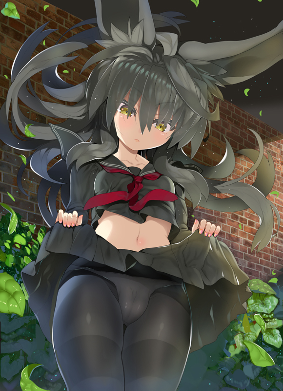 bangs black_hair black_legwear black_skirt blush breasts brick_wall cameltoe char closed_mouth commentary_request cowboy_shot crop_top crop_top_overhang day eyebrows_visible_through_hair floating_hair hair_between_eyes leaf lifted_by_self long_hair long_sleeves navel neckerchief necro-san night original outdoors panties panties_under_pantyhose pantyhose pleated_skirt purple_neckwear skirt skirt_lift small_breasts solo thighband_pantyhose thighs tsurime underwear wall wind yellow_eyes