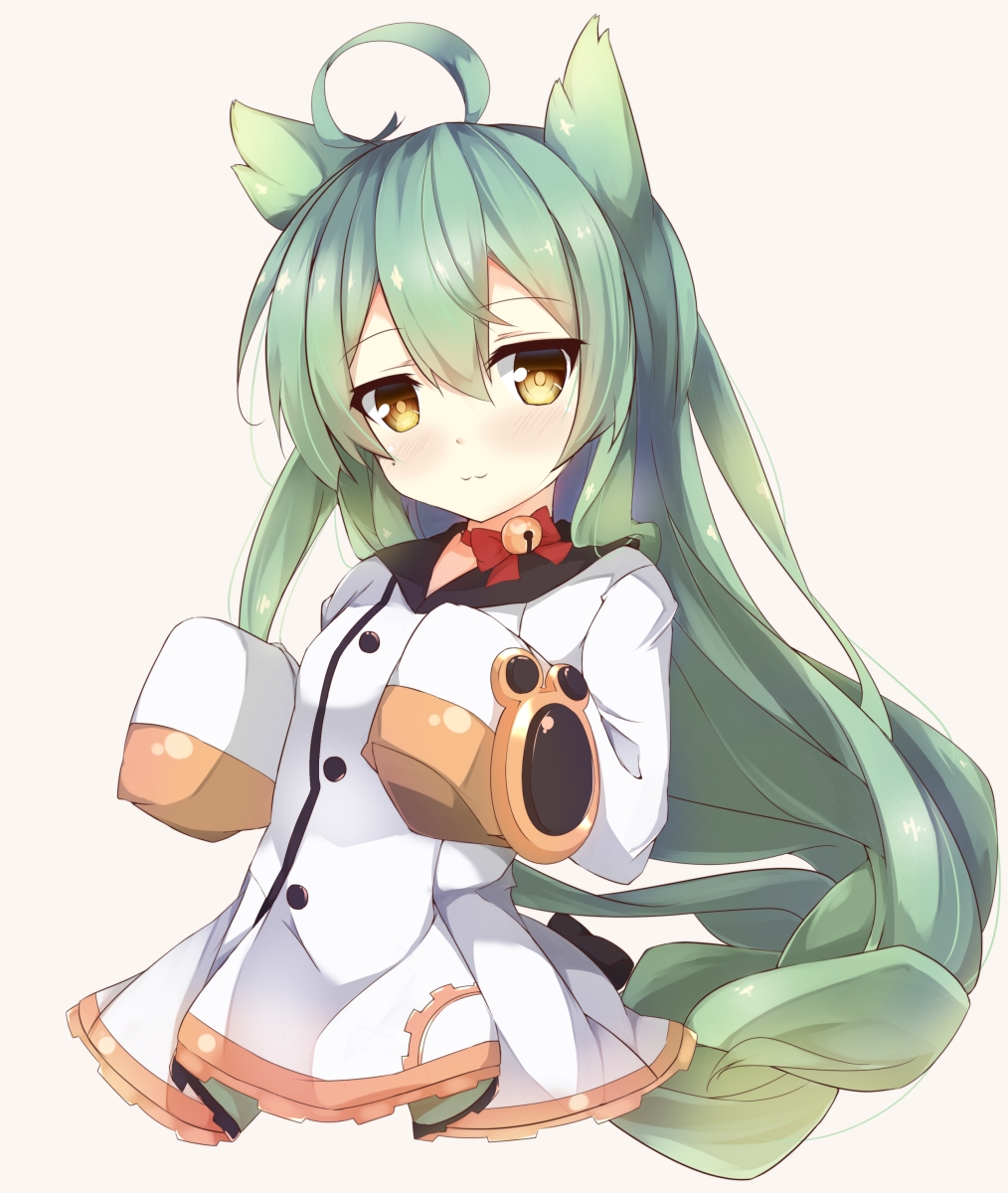 :3 ahoge akashi_(azur_lane) animal_ears azur_lane bangs beige_background bell black_bow blush bow cat_ears choker closed_mouth commentary_request dress eyebrows_visible_through_hair fuuna green_hair hair_between_eyes hair_bow head_tilt highres jingle_bell long_hair long_sleeves looking_at_viewer red_bow red_ribbon ribbon ribbon_choker sailor_dress simple_background sleeves_past_wrists solo very_long_hair white_dress yellow_eyes