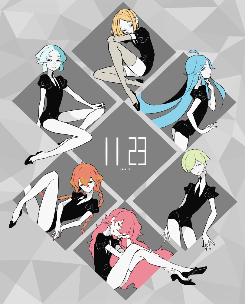 alexandrite_(houseki_no_kuni) androgynous asymmetrical_legwear black_footwear black_neckwear black_shorts blonde_hair blue_eyes blue_hair cojimama dated elbow_gloves euclase_(houseki_no_kuni) gem_uniform_(houseki_no_kuni) gloves green_eyes green_hair heterochromia houseki_no_kuni long_hair multicolored_hair multiple_others nail_polish necktie padparadscha_(houseki_no_kuni) peridot_(houseki_no_kuni) red_eyes red_hair short_hair short_sleeves shorts signature smile sphene_(houseki_no_kuni) thighhighs tri_tails uniform yellow_diamond_(houseki_no_kuni) yellow_eyes yellow_nails