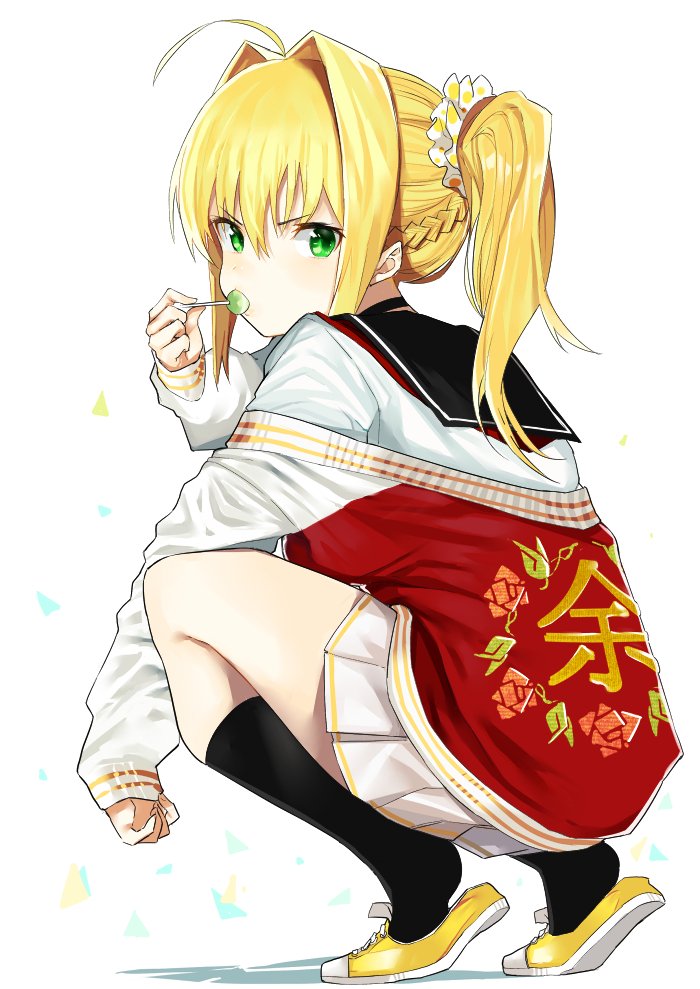 ahoge arm_up bangs blush braid candy closed_mouth commentary_request eyebrows_visible_through_hair fate/extra fate_(series) food full_body hair_between_eyes hair_intakes hair_ornament hair_scrunchie holding holding_food jacket kneehighs letterman_jacket lollipop long_hair looking_at_viewer miniskirt nero_claudius_(fate) nero_claudius_(fate)_(all) pinch_(nesume) pleated_skirt polka_dot polka_dot_scrunchie school_uniform scrunchie serafuku shoes sidelocks simple_background skirt sleeves_past_wrists sneakers solo squatting sukajan tiptoes twintails white_background white_skirt yellow_footwear