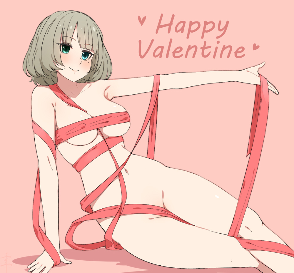 arm_up bangs between_breasts blue_eyes blunt_bangs blush breasts closed_mouth collarbone covered_nipples eyebrows_visible_through_hair green_eyes green_hair groin happy_valentine heterochromia holding idolmaster idolmaster_cinderella_girls leaning_to_the_side looking_away medium_breasts mole mole_under_eye naked_ribbon navel nude outstretched_arm pink_background red_ribbon ribbon senju_(snz0) short_hair simple_background sitting smile solo stomach takagaki_kaede thighs underboob valentine