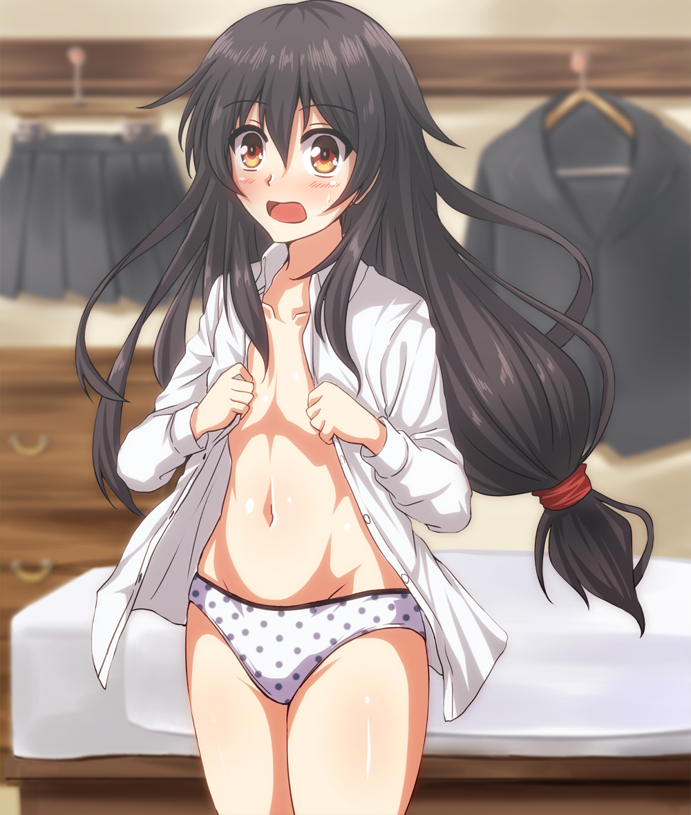 bangs bed black_hair black_jacket black_skirt blurry blush clothes_hanger collared_shirt depth_of_field dress_shirt eyebrows_visible_through_hair flat_chest hair_between_eyes hatsushimo_(kantai_collection) indoors jacket kantai_collection long_hair low-tied_long_hair navel no_bra open_clothes open_mouth open_shirt panties pleated_skirt polka_dot polka_dot_panties red_eyes shelf shirt skirt solo standing stomach sweat tareme thighs unbuttoned unbuttoned_shirt underwear undressing very_long_hair white_panties white_shirt wing_collar zanntetu
