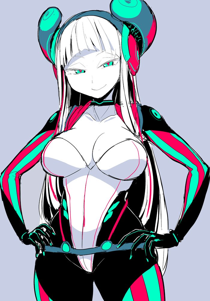 bangs bodysuit breasts collar collarbone commentary electro_emilia grey_background hands_on_hips headgear ken_(koala) large_breasts leotard long_hair looking_at_viewer original skin_tight smile solo standing