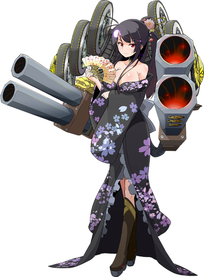 bare_shoulders black_hair black_kimono boots breasts cannon crossed_legs fan full_body hair_bun hair_ornament japanese_clothes kimono large_breasts long_hair nijou_(oshiro_project) official_art oshiro_project oshiro_project_re platform_boots platform_footwear ponytail red_eyes shachihoko side_ponytail solo sw transparent_background watson_cross yuujo