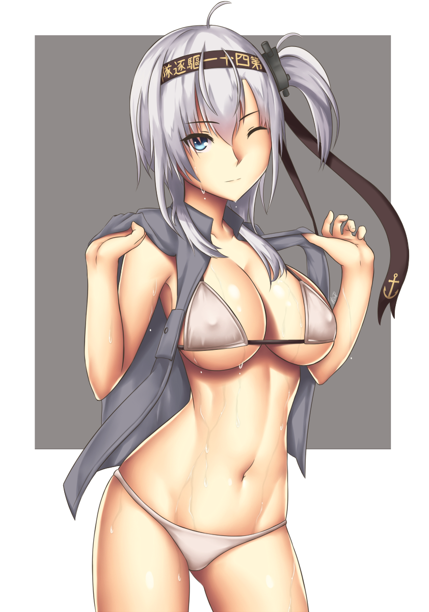 ahoge anchor_print arciealbano bangs bikini blue_eyes breasts closed_mouth clothes_writing collarbone commentary_request contrapposto covered_nipples cowboy_shot eyebrows_visible_through_hair grey_vest hachimaki hair_between_eyes hands_up headband highres hips kantai_collection large_breasts looking_at_viewer navel one_eye_closed one_side_up open_clothes open_vest revision side_ponytail sidelocks silver_hair smile solo standing suzutsuki_(kantai_collection) swimsuit thighs underboob vest wet white_bikini