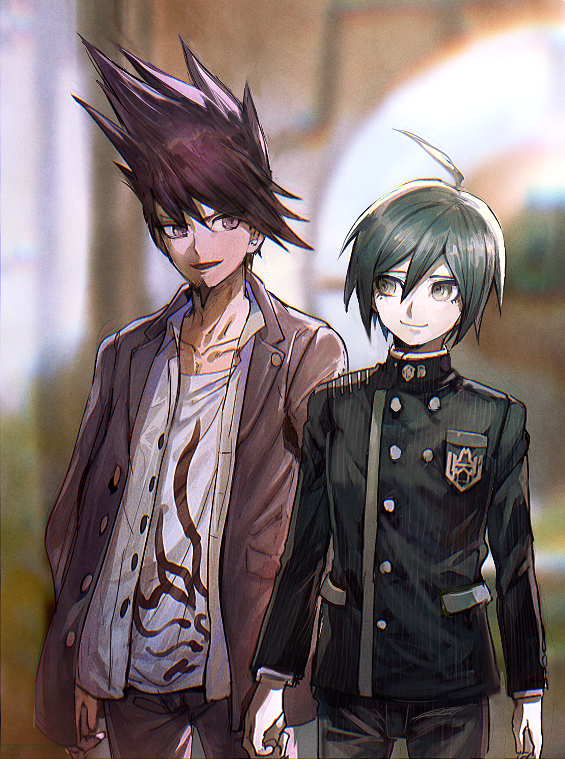 :d ahoge aoki_(fumomo) arms_at_sides beard black_hair black_jacket black_pants blurry blurry_background brown_eyes buttons collarbone danganronpa depth_of_field emblem facial_hair grey_shirt hair_between_eyes height_difference jacket long_hair long_sleeves looking_at_viewer looking_to_the_side male_focus momota_kaito multiple_boys new_danganronpa_v3 open_mouth pants purple_eyes purple_hair purple_jacket saihara_shuuichi school_uniform shirt smile spiked_hair unbuttoned unbuttoned_shirt v-shaped_eyebrows