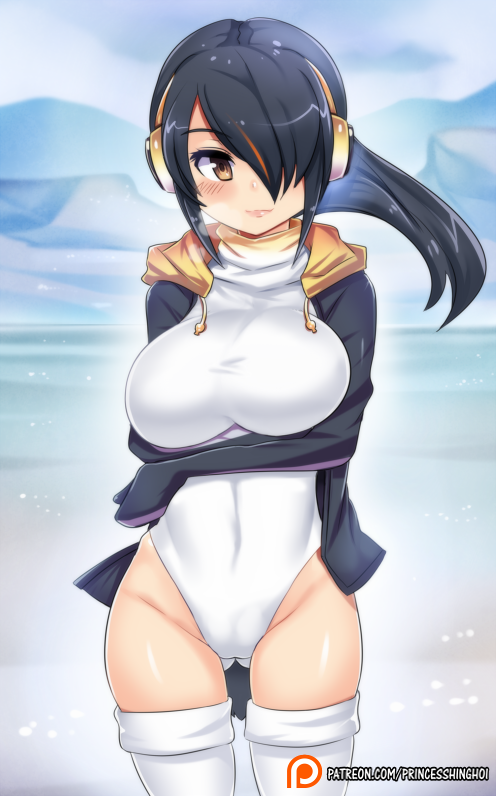 arm_across_waist ass_visible_through_thighs black_hair blush breast_hold breasts breath brown_eyes cameltoe covered_navel cowboy_shot day emperor_penguin_(kemono_friends) hair_over_one_eye headphones highleg highleg_leotard hinghoi hip_bones hood hoodie ice kemono_friends large_breasts leotard light_smile lips long_hair looking_at_viewer multicolored_hair open_clothes open_hoodie patreon_logo pink_lips sky solo streaked_hair thighhighs white_legwear white_leotard wind