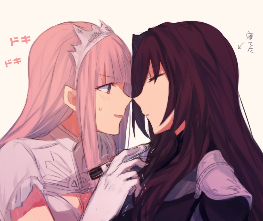 aoki_shizumi blush breasts cleavage closed_eyes face-to-face fate/grand_order fate_(series) from_side gloves long_hair marker medb_(fate)_(all) medb_(fate/grand_order) multiple_girls open_mouth pink_hair profile purple_hair scathach_(fate)_(all) scathach_(fate/grand_order) short_sleeves sidelocks sleeping small_breasts tiara translated trembling white_gloves yellow_eyes yuri
