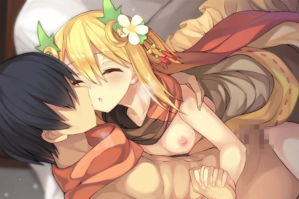 1girl black_hair blonde_hair blush breasts breath censored closed_eyes clothed_sex crescent crescent_hair_ornament dreamlight2000 flower flower_knight_girl game_cg hair_flower hair_ornament hetero holding_hands imminent_kiss interlocked_fingers katabami_(flower_knight_girl) mosaic_censoring nipples official_art scarf sex short_hair small_breasts