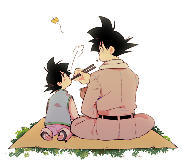 =3 belt blanket bug butterfly chinese_clothes chopsticks dragon_ball dragon_ball_super dragon_ball_z eating facing_away father_and_son grass insect male_focus multiple_boys profile rochiko_(bgl6751010) scarf simple_background sitting son_gokuu son_goten white_background