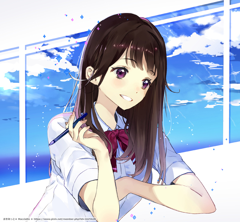 artist_name bangs black_hair blue_sky cloud cloudy_sky collared_shirt commentary day eyebrows_visible_through_hair grin holding holding_pencil long_hair macciatto_(aciel02) original parted_lips pencil purple_eyes school_uniform shirt short_sleeves sky smile solo tareme teeth upper_body watermark web_address white_shirt window