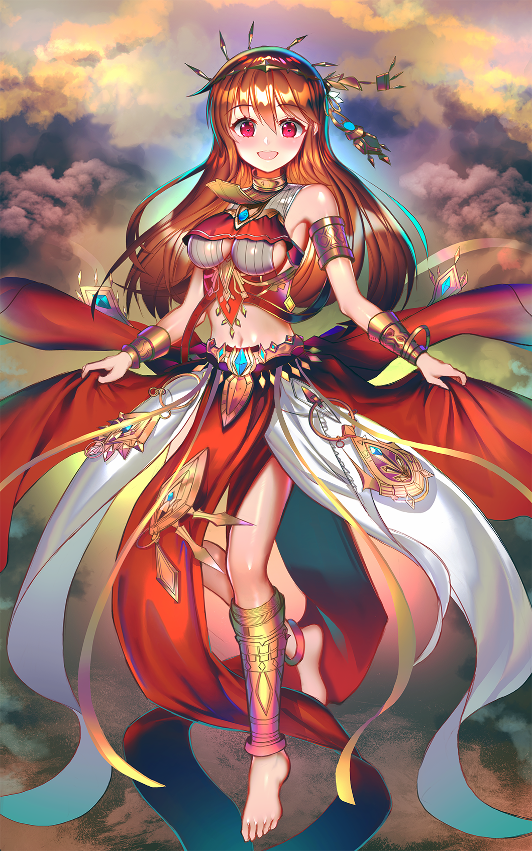 anklet armlet barefoot bracelet breasts brown_hair cloud cloudy_sky eyebrows_visible_through_hair full_body heart heart-shaped_pupils highres jewelry long_hair looking_at_viewer medium_breasts midriff navel open_mouth plantar_flexion red_eyes shadowverse sideboob sky sun_oracle_pascale symbol-shaped_pupils tttanggvl