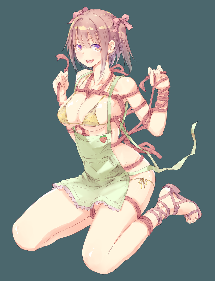 :d apron armpits bangs bare_shoulders bikini blunt_bangs breasts brown_hair fingernails full_body green_apron green_background hair_ribbon hands_up large_breasts looking_at_viewer no_socks open_mouth original purple_eyes ribbon sandals shibari short_hair simple_background sitting smile solo swimsuit toenails twintails uniskie yellow_bikini