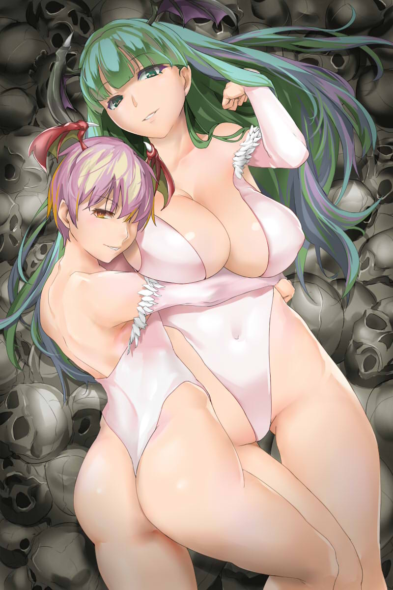 adapted_costume alternate_color ass ass_visible_through_thighs bakkanki bare_legs breasts commentary_request covered_navel covered_nipples green_hair hair_over_one_eye head_wings highleg highleg_leotard highres hime_cut hug huge_breasts leotard lilith_aensland long_hair looking_at_viewer looking_to_the_side lying morrigan_aensland multiple_girls parted_lips pink_hair revision shoulder_blades skull small_breasts smile thong_leotard vampire_(game) yellow_eyes