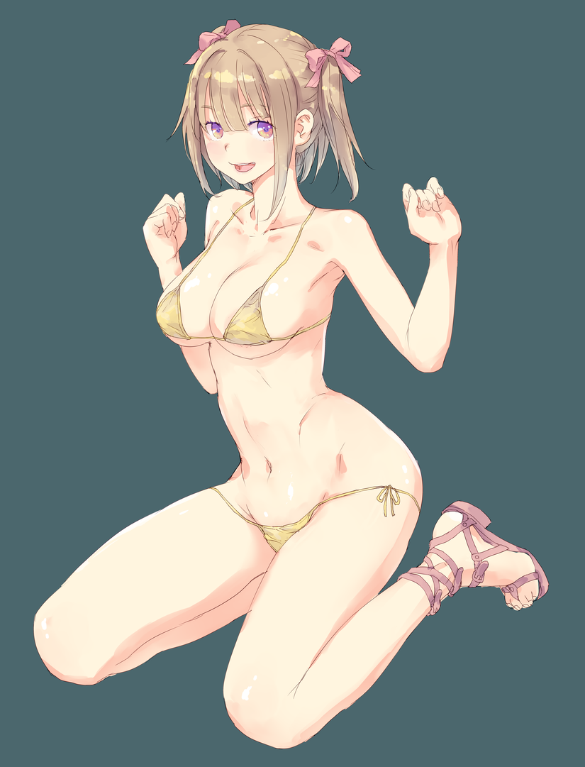 :d armpits bangs bare_shoulders bikini blunt_bangs breasts brown_hair fingernails full_body green_background hair_ribbon hands_up large_breasts looking_at_viewer navel no_socks open_mouth original purple_eyes ribbon sandals short_hair simple_background sitting smile solo swimsuit toenails twintails uniskie yellow_bikini