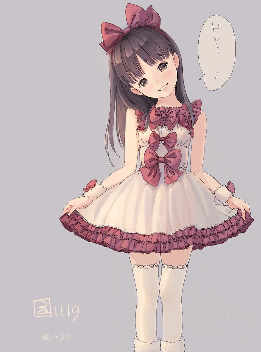black_hair blush bow brown_eyes dress frilled_dress frills grey_background hair_bow head_tilt highres kokudou_juunigou long_hair looking_at_viewer original parted_lips red_bow signature simple_background skirt_hold sleeveless sleeveless_dress smile solo standing thighhighs translation_request white_dress white_legwear wristband