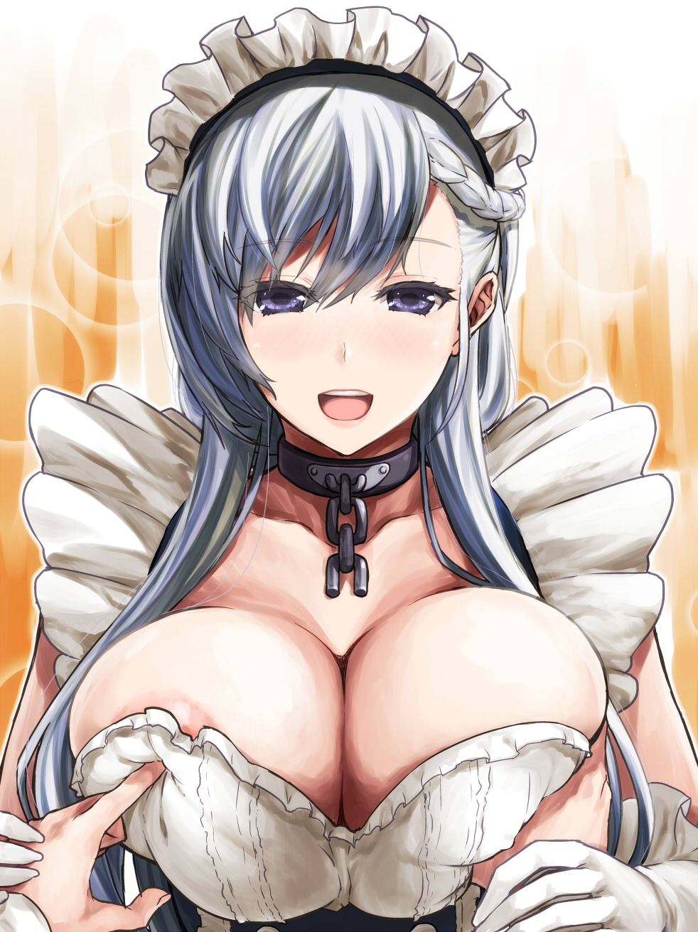 areola_slip areolae azur_lane belfast_(azur_lane) braid breast_grab breast_poke breasts chain cleavage collar d_kurouri french_braid gloves grabbing guided_breast_grab highres large_breasts long_hair looking_at_viewer maid maid_headdress open_mouth poking purple_eyes silver_hair solo_focus white_gloves