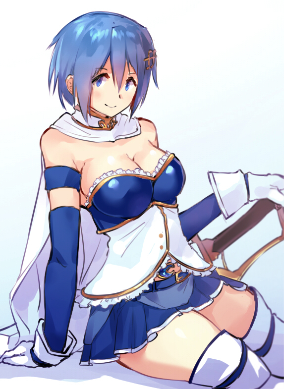 arm_support armband bare_shoulders blue_eyes blue_hair blush breasts cape cleavage commentary_request elbow_gloves eyebrows_visible_through_hair fortissimo fortissimo_hair_ornament frilled_shirt frills gloves hair_between_eyes hair_ornament hairclip large_breasts looking_at_viewer magical_girl mahou_shoujo_madoka_magica miki_sayaka negresco pleated_skirt shiny shiny_hair shirt short_hair sitting skirt smile solo soul_gem sword thick_thighs thighhighs thighs weapon white_cape white_gloves white_legwear