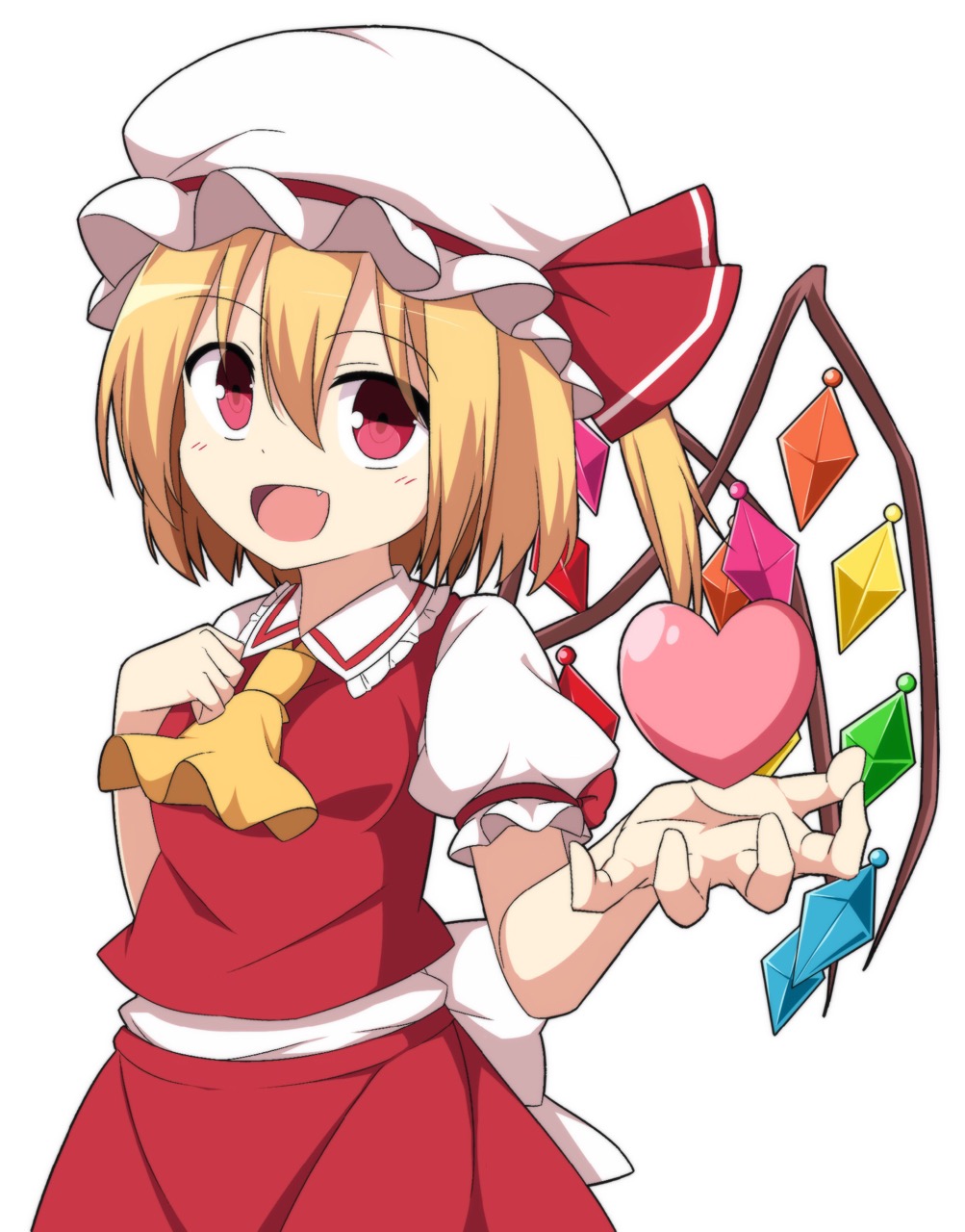 ascot blonde_hair commentary enushi_(toho193) fang flandre_scarlet hat hat_ribbon heart highres looking_at_viewer mob_cap open_mouth puffy_short_sleeves puffy_sleeves red_eyes red_ribbon ribbon short_hair short_sleeves side_ponytail touhou wings yellow_neckwear