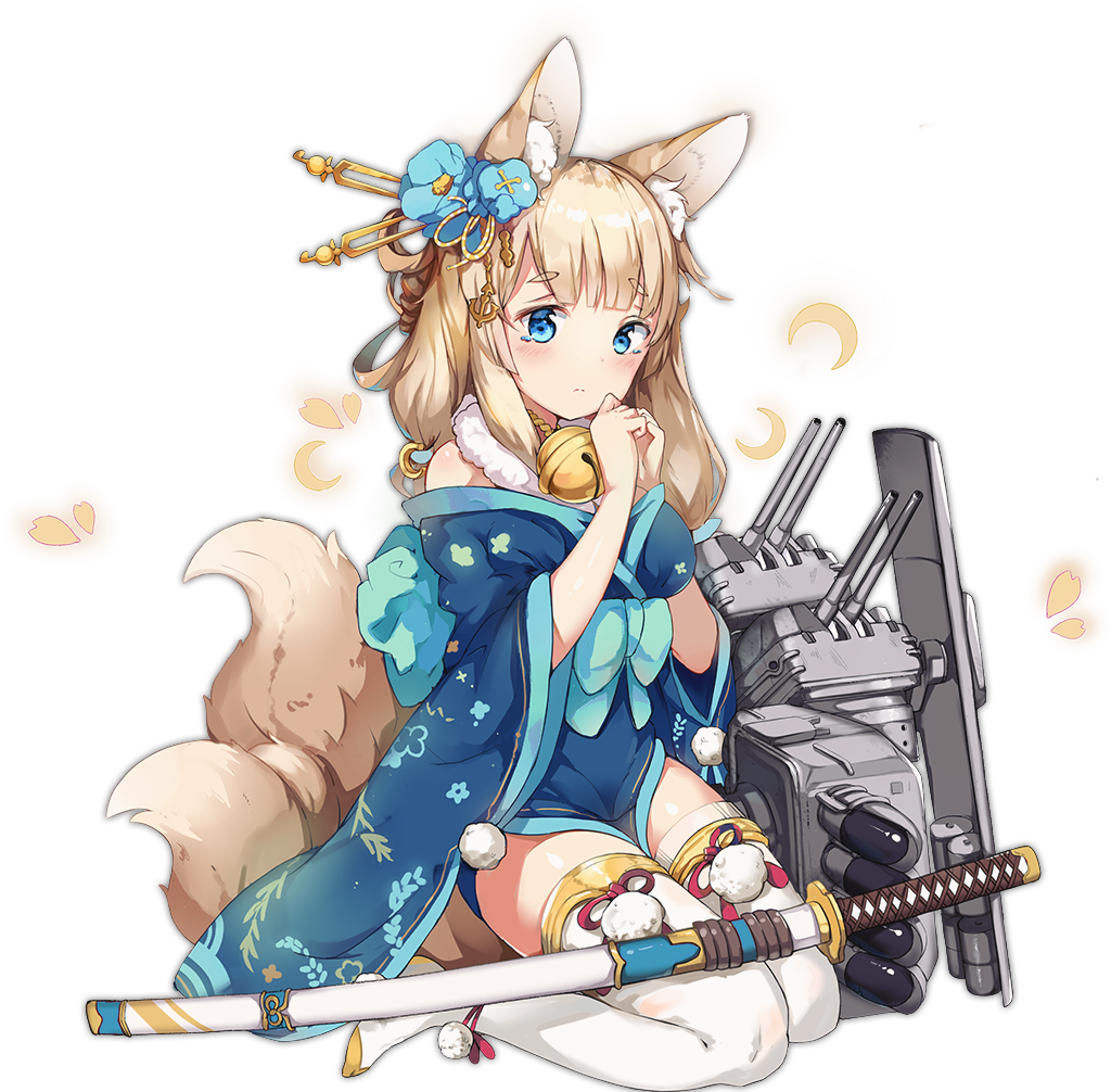 anchor animal_ears azur_lane bangs bell blonde_hair blue_bow blue_eyes blue_kimono blush boqboq bow breasts closed_mouth crescent eyebrows eyebrows_visible_through_hair fox_ears fox_tail from_side frown full_body fur_collar hair_ornament japanese_clothes jingle_bell katana kimono long_hair looking_at_viewer machinery medium_breasts multiple_tails niizuki_(azur_lane) obi official_art petals pom_pom_(clothes) red_ribbon ribbon sash sheath sheathed sitting solo sword tachi-e tail tareme tears thick_eyebrows thighhighs torpedo transparent_background turret wariza weapon white_legwear zettai_ryouiki