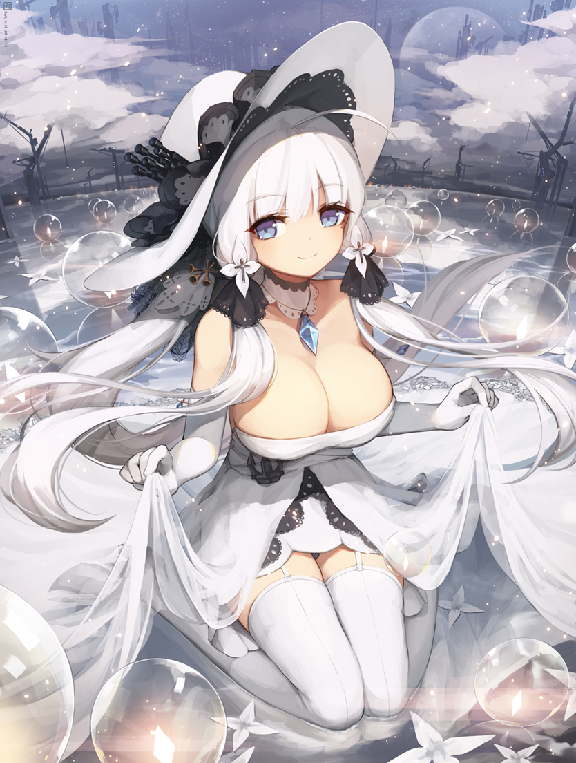afloat ahoge azur_lane bangs bare_shoulders black_panties blue_eyes blunt_bangs blush breasts closed_mouth cloud cloudy_sky collarbone crane cross detached_collar dress elbow_gloves eyebrows_visible_through_hair full_moon garter_straps gem gloves hat illustrious_(azur_lane) jakoujika large_breasts light_particles long_hair looking_at_viewer moon night night_sky on_liquid orb outdoors panties pantyshot pantyshot_(sitting) see-through silver_hair sitting skirt_hold sky smile solo star_(sky) starry_sky strapless strapless_dress sun_hat thighhighs tri_tails underwear upskirt very_long_hair wariza water white_dress white_hat