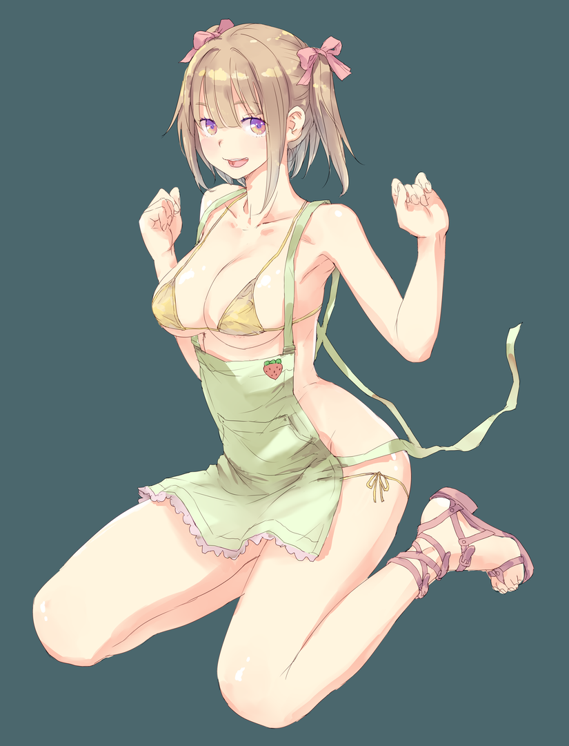 :d apron armpits bangs bare_shoulders bikini blunt_bangs breasts brown_hair fingernails full_body green_apron green_background hair_ribbon hands_up large_breasts looking_at_viewer no_socks open_mouth original purple_eyes ribbon sandals short_hair simple_background sitting smile solo swimsuit toenails twintails uniskie yellow_bikini