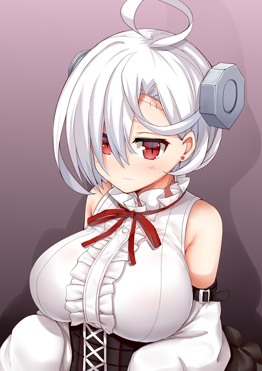 ahoge azur_lane bare_shoulders breasts corset detached_sleeves earrings frills gradient gradient_background hair_over_one_eye highres jewelry large_breasts liongaixioo looking_at_viewer red_earrings red_eyes ribbon screw short_hair slit_pupils solo stitches terror_(azur_lane) white_hair