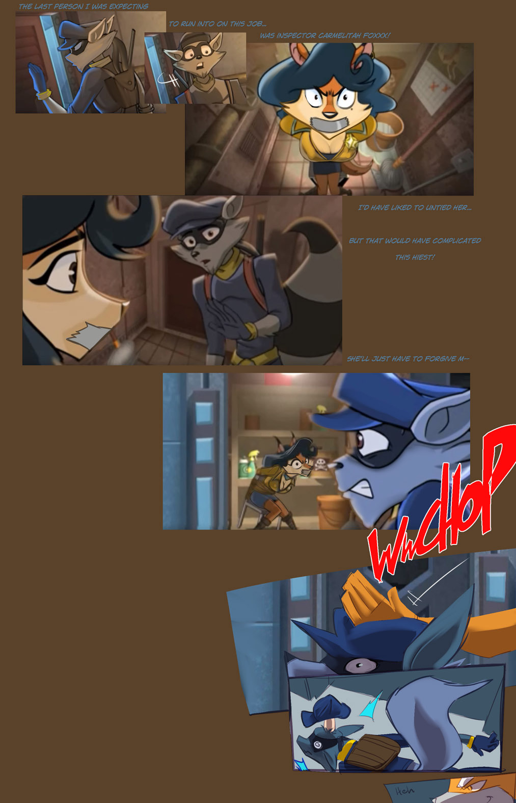 anthro better_version_at_source bound canine carmelita_fox clothed clothing comic crossover female fox fox_mccloud fred_perry gag hi_res male mammal nintendo procyonid punch raccoon sly_cooper sly_cooper_(series) star_fox tape tape_gag unconscious video_games