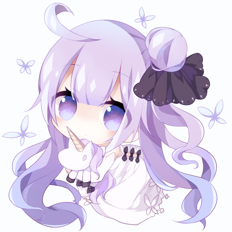 ahoge azur_lane bangs bare_shoulders black_bow black_ribbon bow chibi closed_mouth commentary detached_sleeves di-ort dress eyebrows_visible_through_hair full_body hair_between_eyes hair_bun hair_ribbon long_hair long_sleeves looking_at_viewer object_hug one_side_up purple_eyes purple_hair ribbon side_bun simple_background solo strapless strapless_dress stuffed_alicorn stuffed_animal stuffed_toy unicorn_(azur_lane) very_long_hair white_background white_dress