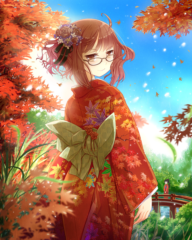 ahoge arms_at_sides autumn_leaves bangs black_hair blue_sky blunt_bangs blurry_foreground bow bridge brown-framed_eyewear brown_eyes brown_hair cowboy_shot curly_hair day floral_print flower from_behind glasses hair_flower hair_ornament hair_ribbon japanese_clothes jitome kanzashi kazu kikuko_(kazu) kimono large_bow leaf leaves_in_wind light_smile looking_at_viewer looking_back multicolored_hair multiple_girls nature obi original outdoors pink_hair pollen pond ponytail ribbon sash short_hair_with_long_locks sky standing tree v-shaped_eyebrows v_arms weeds