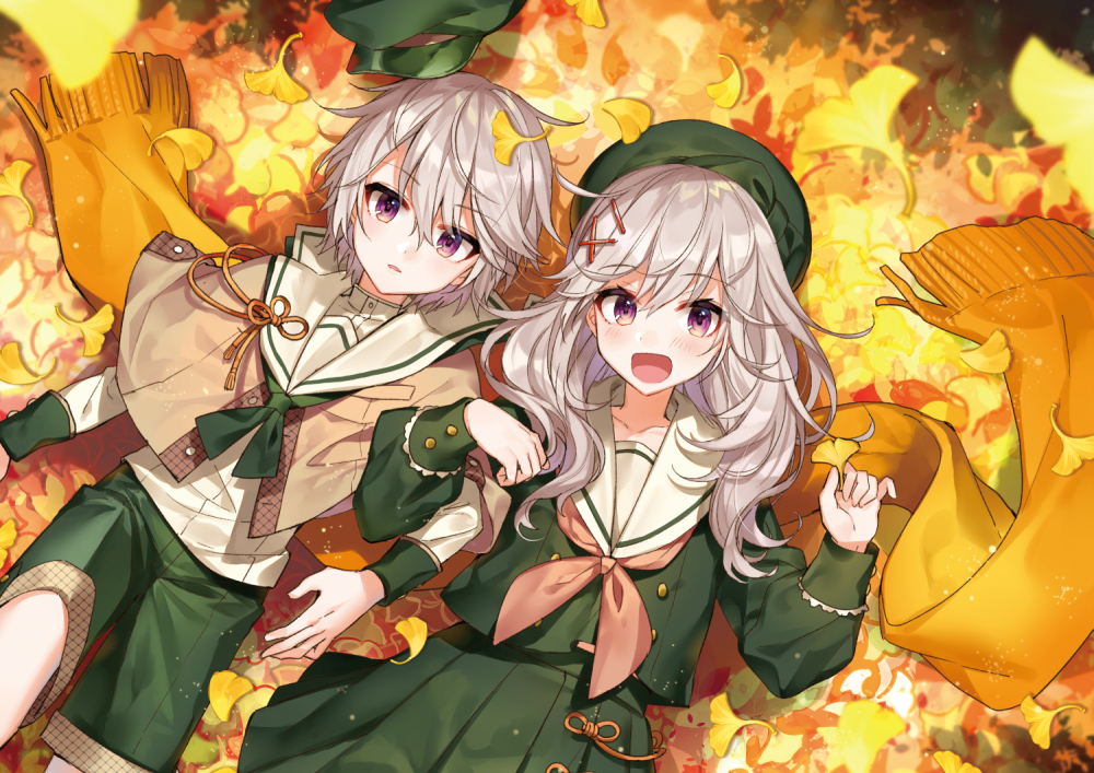 1girl :d autumn_leaves bad_id bad_pixiv_id bangs beret capelet commentary_request day eyebrows_visible_through_hair fringe_trim from_above ginkgo ginkgo_leaf hair_between_eyes hat long_hair long_sleeves looking_at_viewer lying neckerchief on_back open_mouth original parted_lips pink_neckwear pleated_skirt purple_eyes scarf school_uniform serafuku shirako_miso shorts silver_hair skirt smile tsurime wavy_hair yellow_scarf