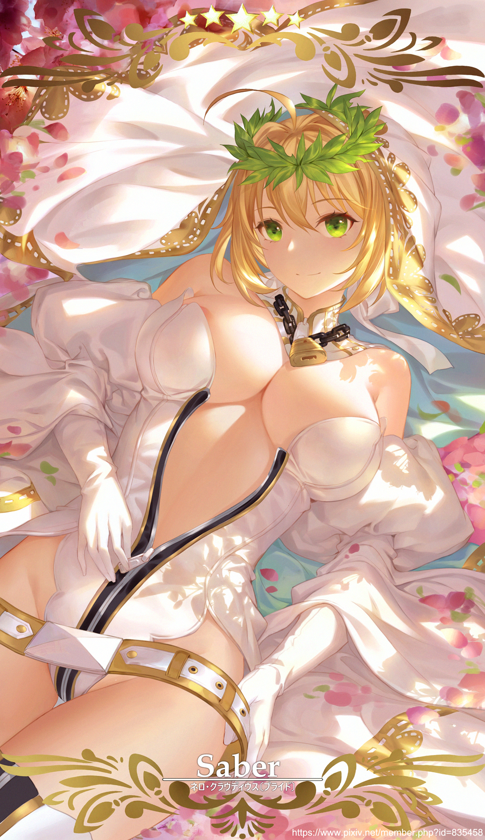 ahoge areola_slip areolae bare_shoulders belt blonde_hair breasts bridal_veil chain character_name cleavage closed_mouth commentary_request dappled_sunlight detached_collar detached_sleeves fate/extra fate/extra_ccc fate_(series) gloves green_eyes groin head_wreath highres juliet_sleeves large_breasts leotard lock long_sleeves looking_at_viewer nero_claudius_(bride)_(fate) nero_claudius_(fate)_(all) padlock partially_translated partially_unzipped petals pixiv_id puffy_sleeves short_hair smile solo star strapless strapless_leotard sunlight thigh_gap thighhighs thighs translation_request undressing unzipping veil white_gloves white_legwear white_leotard white_sleeves yijian_ma zipper zipper_pull_tab