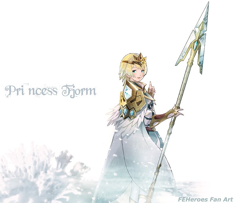 blonde_hair blue_eyes cape character_name crown feather_trim feathers fire_emblem fire_emblem_heroes fjorm_(fire_emblem_heroes) from_side holding holding_weapon long_sleeves looking_to_the_side maeshima_shigeki open_mouth polearm short_hair snowing solo spear weapon