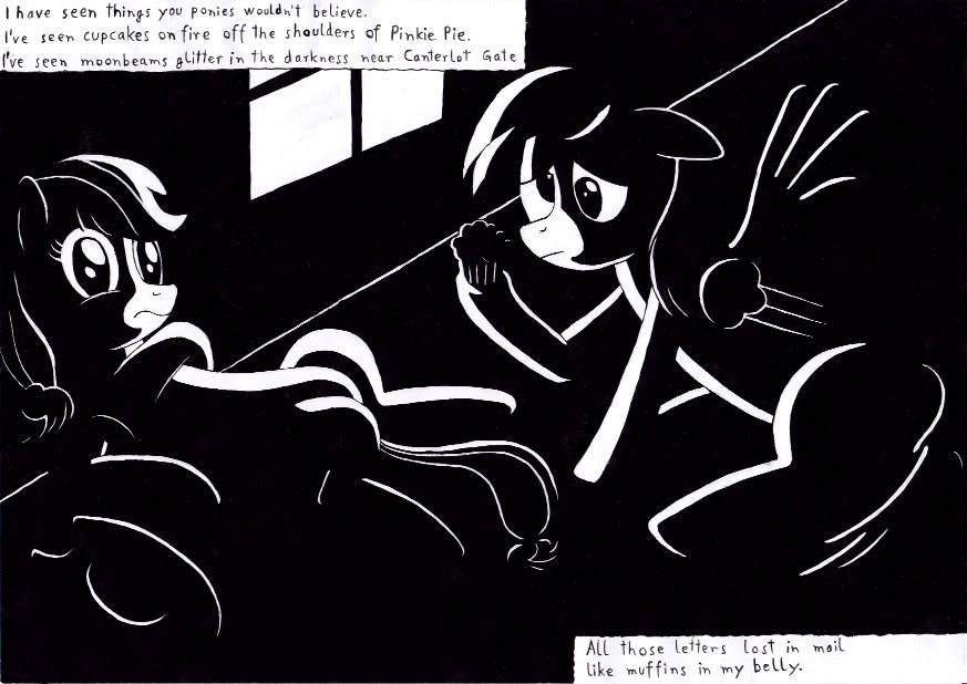 applejack_(mlp) black_and_white blade_runner cyberpunk derpy_hooves_(mlp) earth_pony equine female film_noir food friendship_is_magic greyscale high_contrast horse mammal monochrome muffin my_little_pony pegasus pony rick_deckard roy_batty semi-grimdark wings