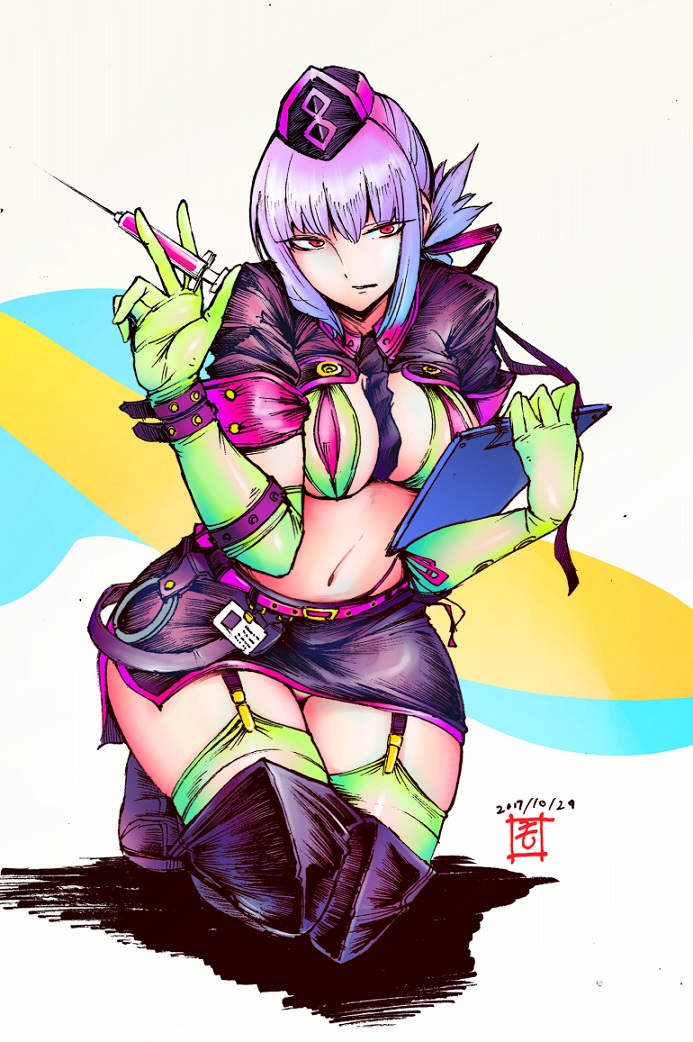 1girl arm_strap bangs bikini black_neckwear blue_background blue_hair boots braid breasts cuffs dated elbow_gloves expressionless fate/grand_order fate_(series) florence_nightingale_(fate/grand_order) garter_straps gloves gradient_hair green_bikini green_gloves green_legwear hair_ribbon hat kneeling looking_at_viewer matutoya medium_breasts miniskirt multicolored multicolored_background multicolored_hair navel necktie nurse_cap parted_lips pink_hair purple_bikini purple_footwear purple_hair purple_skirt red_eyes revealing_clothes ribbon rubber_gloves short_sleeves single_braid skirt solo stomach swimsuit syringe thick_thighs thigh_boots thighhighs thighs traditional_media trick_or_treatment white_background wide_hips wrist_straps yellow_background
