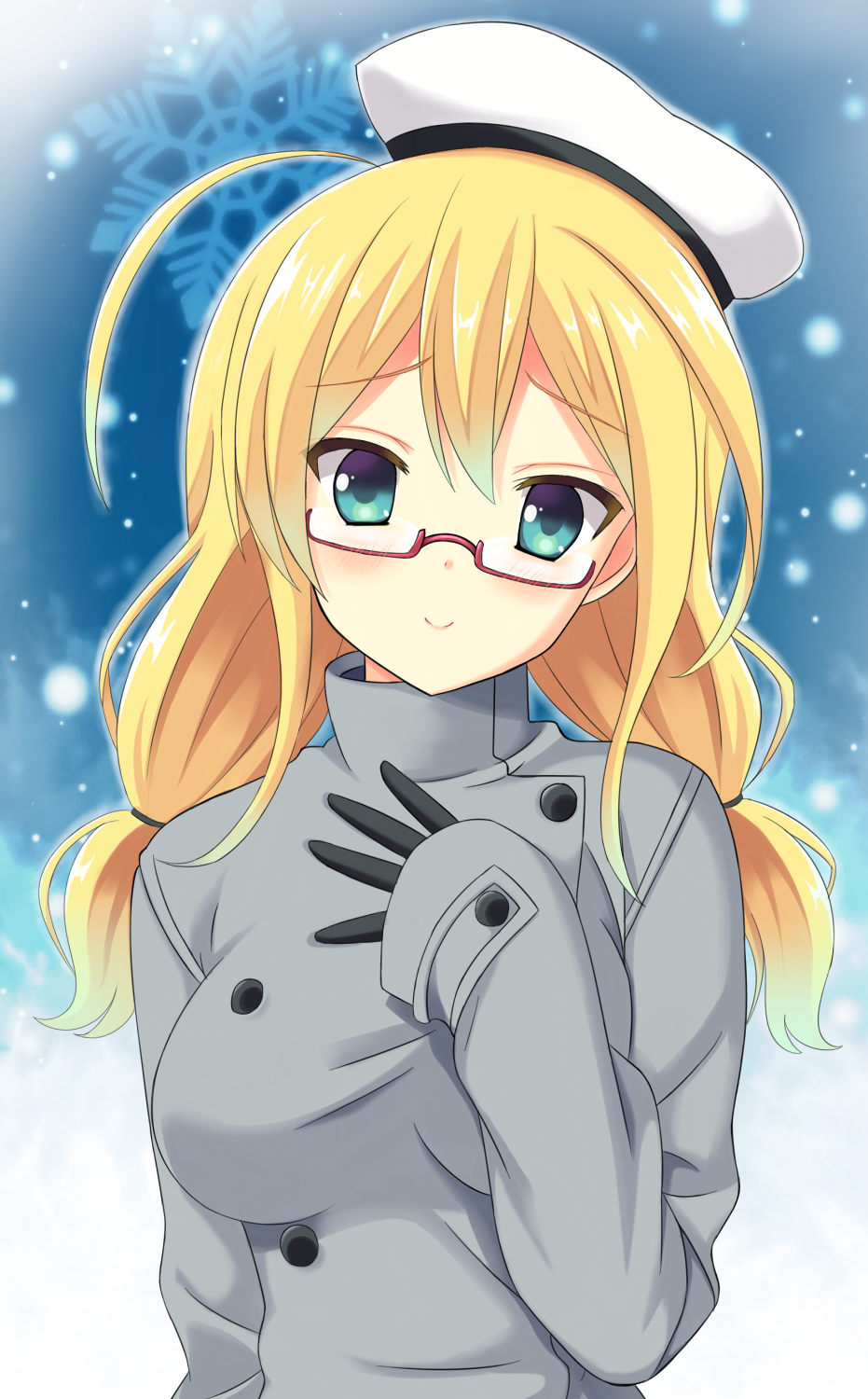 alternate_costume black_gloves blonde_hair blue_eyes breasts coat glasses gloves hat highres i-8_(kantai_collection) icetiina kantai_collection large_breasts long_coat long_sleeves low_twintails peaked_cap red-framed_eyewear sailor_hat semi-rimless_eyewear smile snow snowflakes solo twintails under-rim_eyewear winter_clothes winter_coat