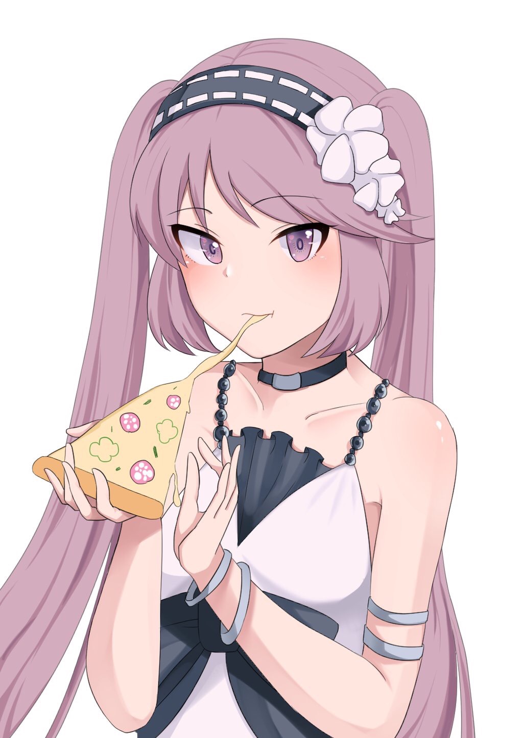 1girl dress eating euryale fate/grand_order fate/hollow_ataraxia fate_(series) food headband looking_at_viewer pizza purple_eyes purple_hair