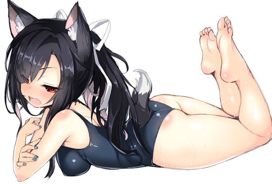 animal_ears armpits ass azur_lane bare_arms bare_legs bare_shoulders barefoot black_hair blue_nails blue_swimsuit breasts commentary_request competition_swimsuit dog_ears dog_tail eyebrows_visible_through_hair fangs feet flat_ass full_body hair_ribbon half-closed_eyes legs_up long_hair lying medium_breasts nail_polish on_stomach one-piece_swimsuit open_mouth ponytail red_eyes ribbon saki_chisuzu school_swimsuit shigure_(azur_lane) shiny shiny_clothes simple_background soles solo swimsuit tail the_pose toes tsurime v-shaped_eyebrows wet white_background white_ribbon