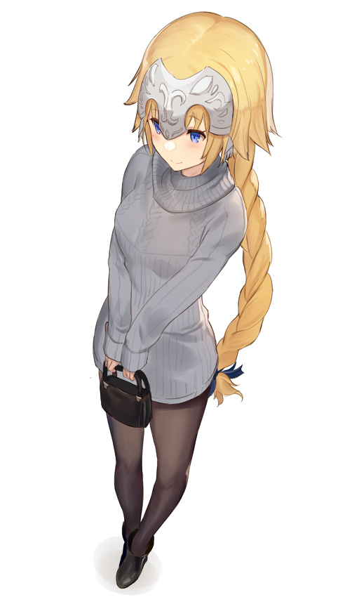 alternate_costume aran_sweater bag black_footwear black_legwear blonde_hair blue_eyes blue_ribbon braid breasts casual closed_mouth commentary_request contemporary eyebrows_visible_through_hair fate/grand_order fate_(series) full_body grey_sweater hair_ribbon headpiece holding holding_bag jeanne_d'arc_(fate) jeanne_d'arc_(fate)_(all) keemu_(occhoko-cho) long_hair medium_breasts pantyhose ribbed_sweater ribbon simple_background single_braid smile solo standing sweater very_long_hair white_background