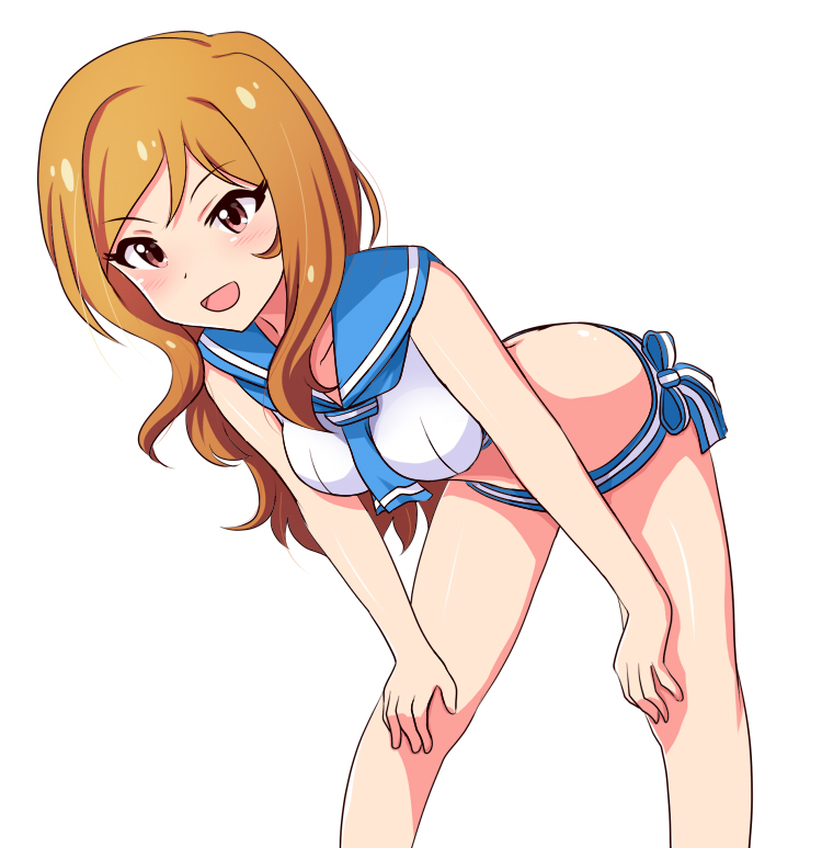blue_neckwear blue_sailor_collar blush breasts brown_eyes collarbone commentary_request eyelashes hands_on_own_thighs hips idolmaster idolmaster_million_live! leaning_forward light_brown_hair long_hair looking_at_viewer medium_breasts momoda_yasuhito momose_rio open_mouth sailor_collar sailor_swimsuit_(idolmaster) simple_background smile solo swimsuit thighs white_background white_swimsuit