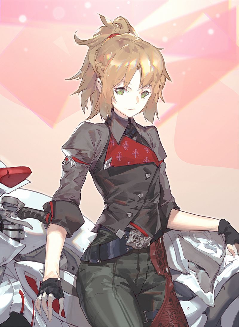 alternate_costume bangs belt black_gloves black_pants black_vest blonde_hair braid buttons closed_mouth commentary_request cowboy_shot eyebrows_visible_through_hair fate/apocrypha fate/grand_order fate_(series) fingerless_gloves french_braid gloves green_eyes ground_vehicle helmet long_hair looking_at_viewer mordred_(fate) mordred_(fate)_(all) motor_vehicle motorcycle nogchasaeg_(karon2848) pants parted_bangs pink_background ponytail short_hair sidelocks sleeves_folded_up sleeves_past_elbows smile solo standing v-shaped_eyebrows vest