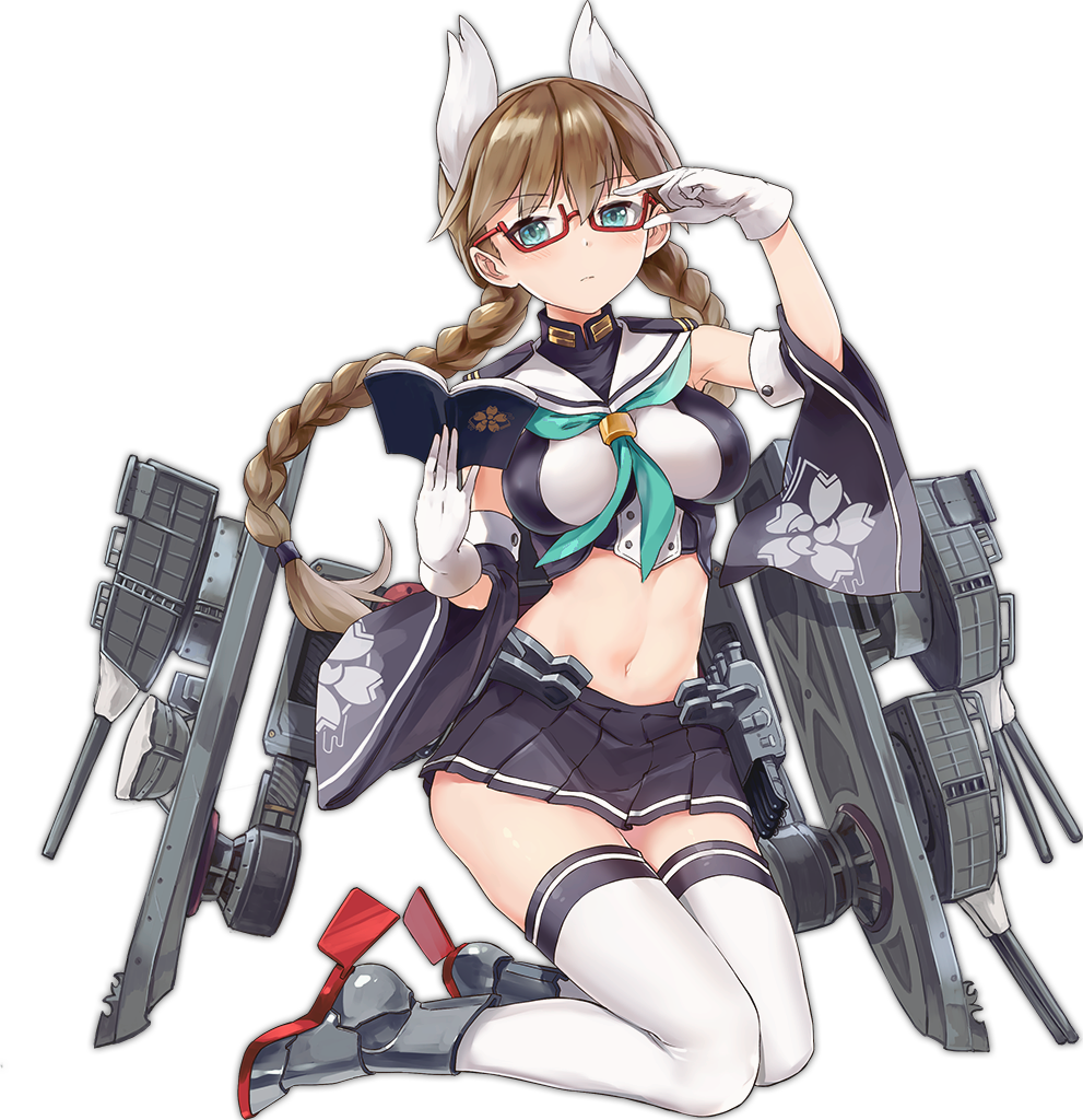 adjusting_eyewear armpits azur_lane bangs bare_shoulders black_skirt blush book breasts brown_hair closed_mouth crop_top detached_sleeves dot_nose eyebrows eyebrows_visible_through_hair floating_hair frown full_body gloves grey_footwear groin hair_between_eyes head_wings holding holding_book kako_(azur_lane) kisetsu large_breasts long_hair machinery midriff miniskirt navel official_art open_book pleated_skirt remodel_(azur_lane) rudder_shoes school_uniform semi-rimless_eyewear serafuku short_sleeves skirt solo stomach tachi-e thighhighs transparent_background turret under-rim_eyewear white_gloves white_legwear wide_sleeves zettai_ryouiki