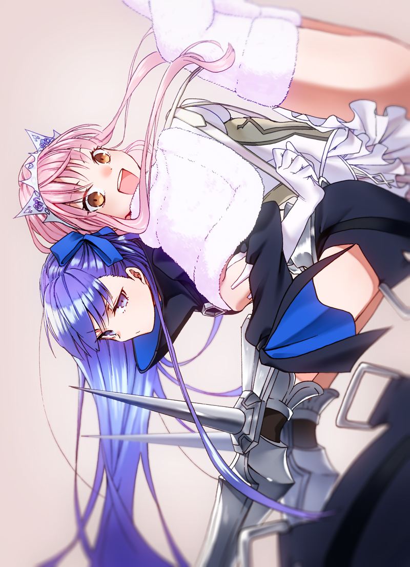 :d back-to-back blue_eyes boots cape fate/grand_order fate_(series) fur_cape fur_trim gloves hair_ribbon long_hair medb_(fate)_(all) medb_(fate/grand_order) meltlilith multiple_girls open_mouth pink_hair prosthesis purple_hair ribbon sen_(0snow) sleeves_past_wrists smile spikes thigh_boots thighhighs tiara yellow_eyes