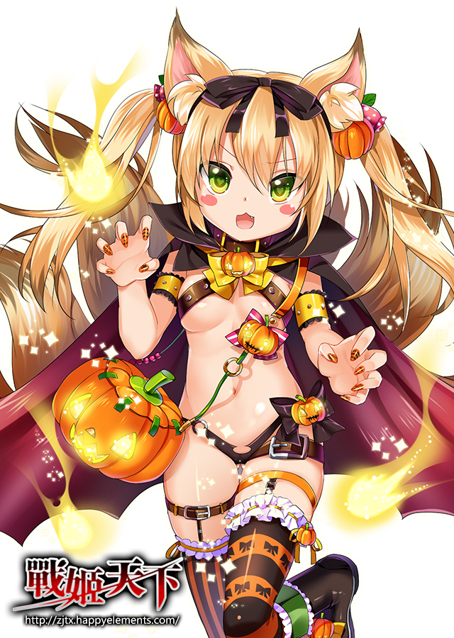 :3 :d animal_ears armband ass_visible_through_thighs asymmetrical_legwear black_bow black_footwear black_panties blonde_hair blush_stickers bow bowtie breasts cape claw_pose copyright_name cowboy_shot eyebrows_visible_through_hair fingernails food_themed_hair_ornament fox_ears fox_tail green_eyes hair_between_eyes hair_bow hair_ornament hairband jack-o'-lantern leg_belt long_hair looking_at_viewer medium_breasts mvv nail_art nail_polish navel official_art open_mouth orange_nails panties pumpkin pumpkin_hair_ornament red_cape revealing_clothes simple_background smile solo standing standing_on_one_leg striped striped_legwear tail thigh_gap thighhighs twintails underwear v-shaped_eyebrows watermark web_address white_background yellow_neckwear zhan_ji_tian_xia