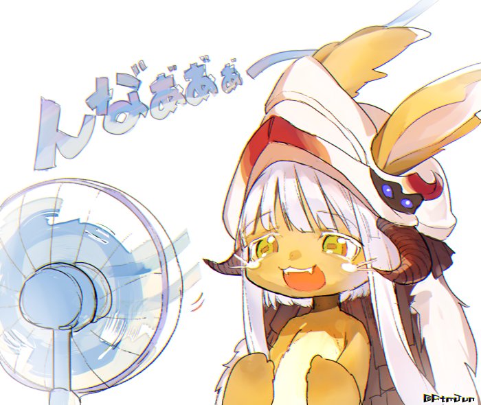 :3 :d animal_ears atsumi_jun bangs blunt_bangs catchphrase ears_through_headwear electric_fan eyebrows_visible_through_hair furry hat horizontal_pupils horns long_hair made_in_abyss nanachi_(made_in_abyss) open_mouth paws signature silver_hair smile solo topless upper_body whiskers yellow_eyes