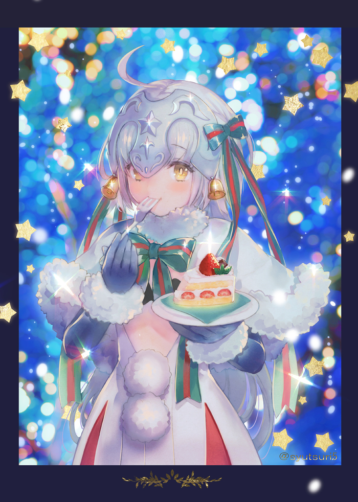 ahoge bell black_bra black_gloves blurry blush bokeh border bow bowtie bra bright_pupils cake capelet depth_of_field dress eating elbow_gloves eyebrows_visible_through_hair fate/grand_order fate_(series) food fork fruit fur-trimmed_gloves fur_trim glint gloves green_bow green_neckwear hair_bow headpiece jeanne_d'arc_(fate)_(all) jeanne_d'arc_alter_santa_lily long_hair looking_at_viewer plate pom_pom_(clothes) shiny shiny_hair shutsuri silver_hair slice_of_cake solo star strawberry striped striped_neckwear tareme twitter_username underwear upper_body very_long_hair white_dress yellow_eyes